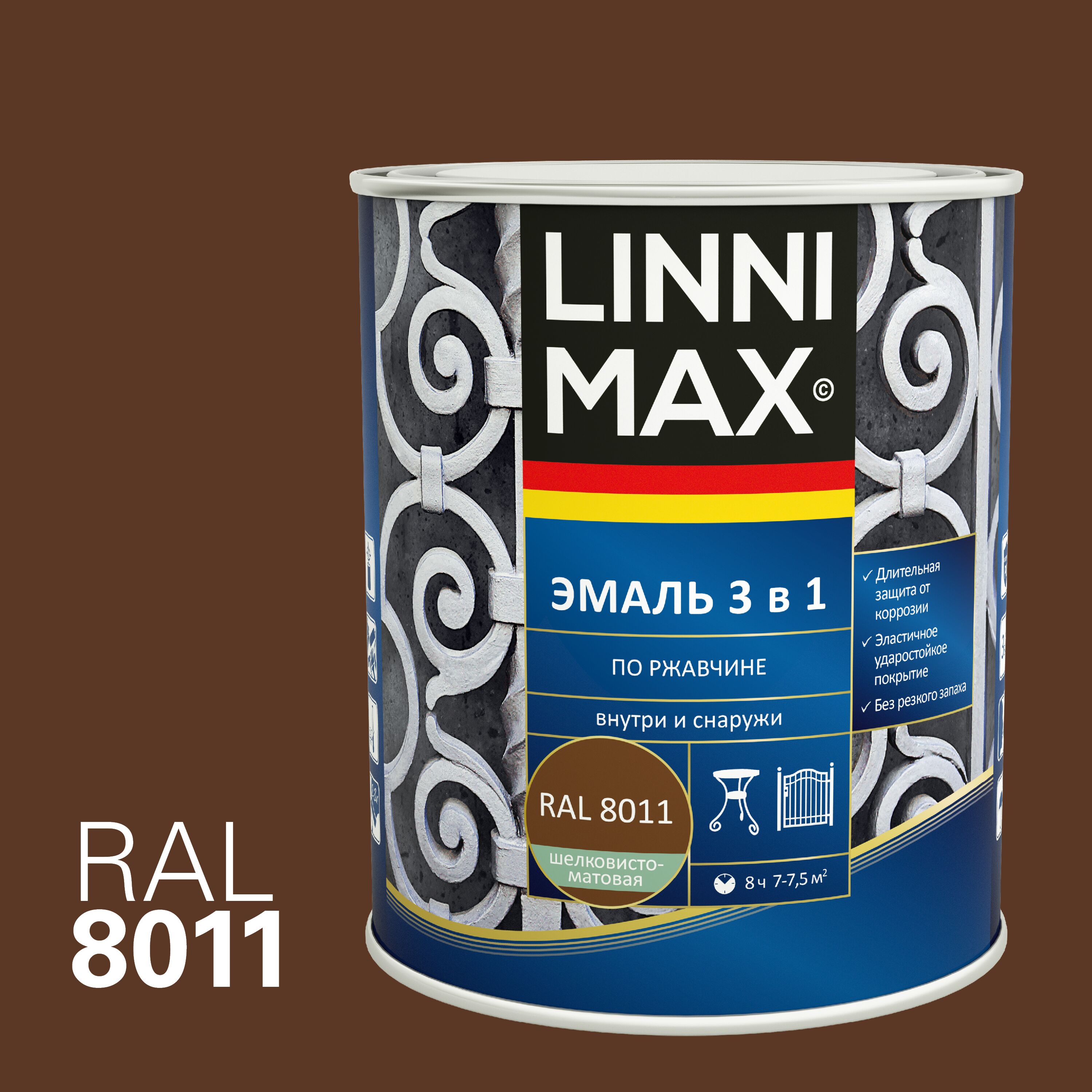 Эмаль по ржавчине 3 в 1 0,75л алкидно-уретановая 8011 темно-коричневый LINNIMAX купить в Санкт-Петербурге