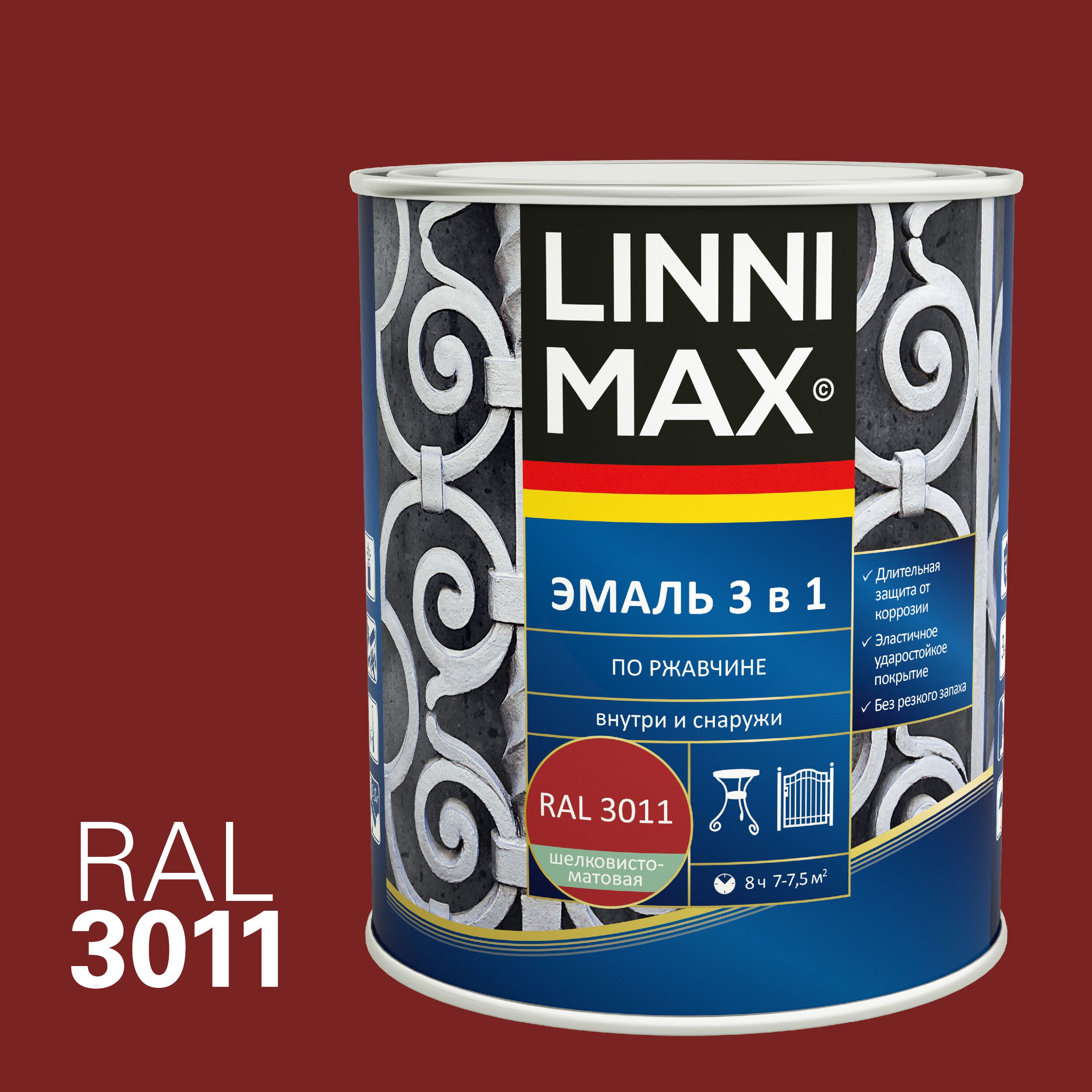 Эмаль по ржавчине 3 в 1 0,75л алкидно-уретановая 3011 красно-коричневый LINNIMAX купить в Санкт-Петербурге