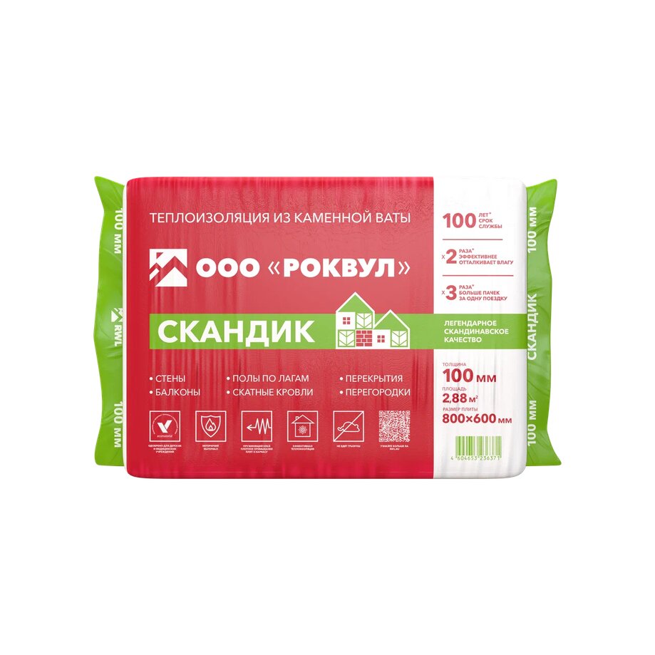 Роквул Скандик 100мм, 6 плит, 2.88м2, 600х800мм, 0.288м3 купить в Санкт-Петербурге