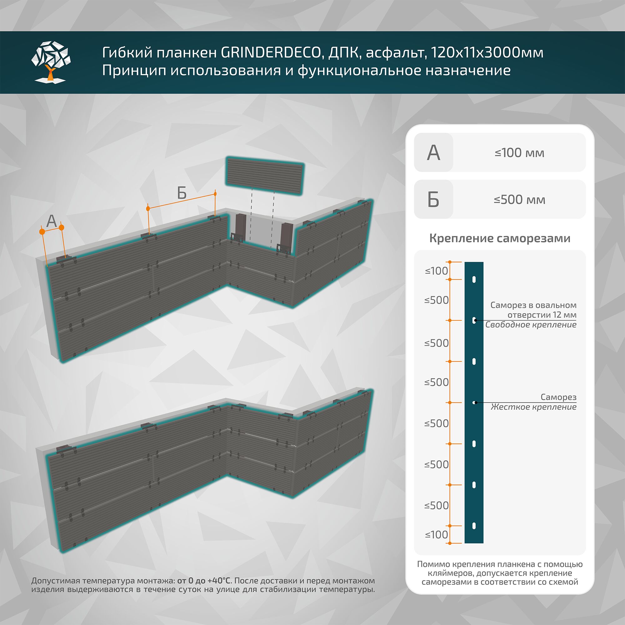 Гибкий планкен GRINDERDECO, ДПК, для вертикального обрамления и обшивки, асфальт,  шлифованный, 120x11x3000мм купить в Санкт-Петербурге
