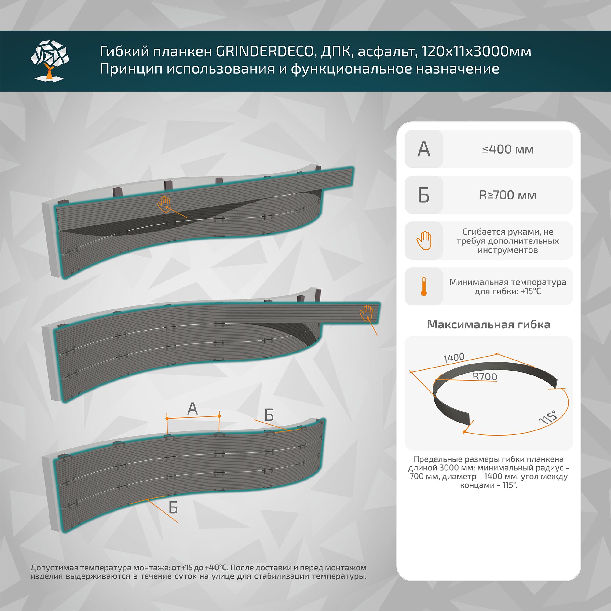 Гибкий планкен GRINDERDECO, ДПК, для вертикального обрамления и обшивки, асфальт,  шлифованный, 120x11x3000мм купить в Санкт-Петербурге