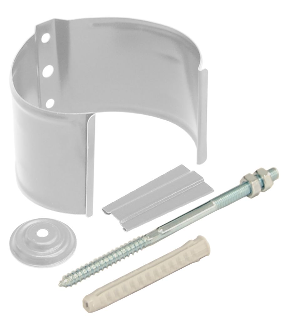 Хомут трубы на кирпич (метиз)в комплекте: шпилька-саморез, дюбель, декоративная накладка металлическийD100 купить в Санкт-Петербурге