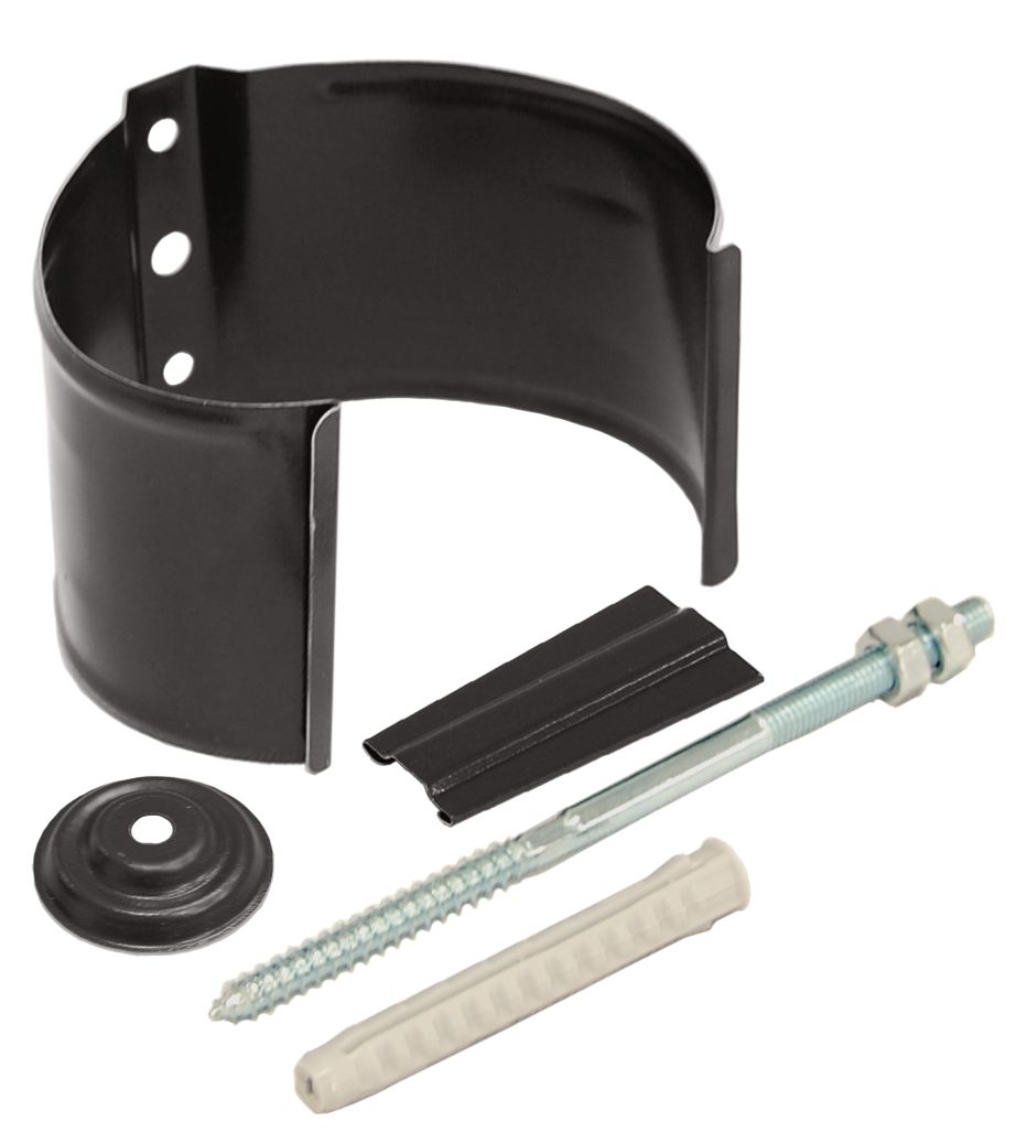 Хомут трубы на кирпич (метиз)в комплекте: шпилька-саморез, дюбель, декоративная накладка металлическийD100 купить в Санкт-Петербурге